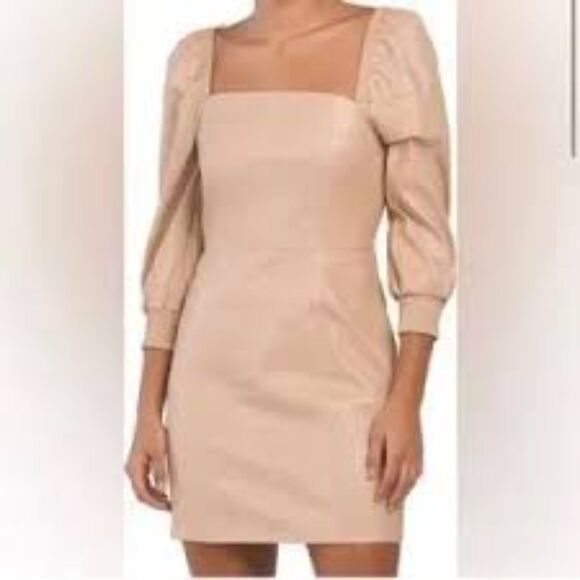 7 for All Mankind Tan Faux Leather Mini Dress Square Neck Long Sleeves NEW NWT - Picture 1 of 7